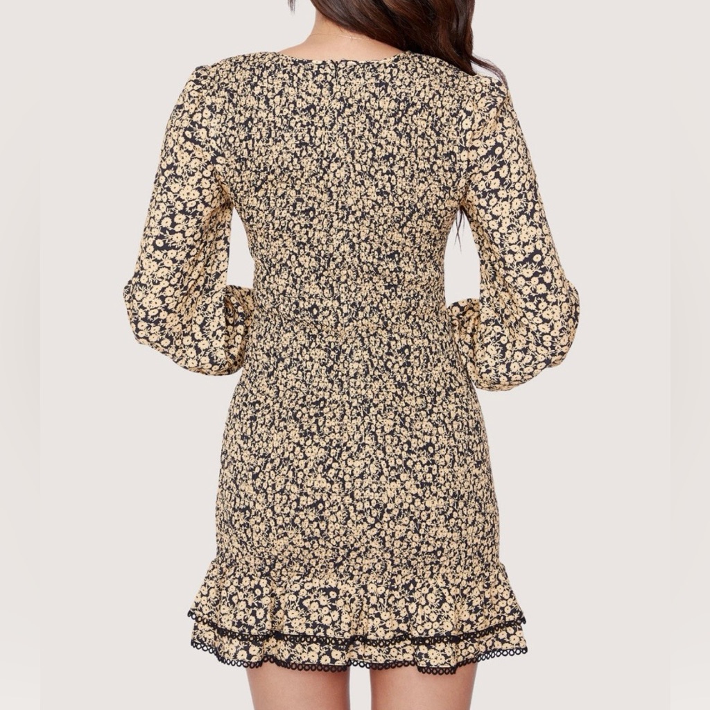 Lost+Wander Black Golden Floral Smocked Mini Dress Long Sleeve Rufflehem Sizem — image 3 of 8
